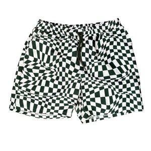 boohooMAN Mens Green White Warped Checkerboard Swim Shorts Trunks Size Large